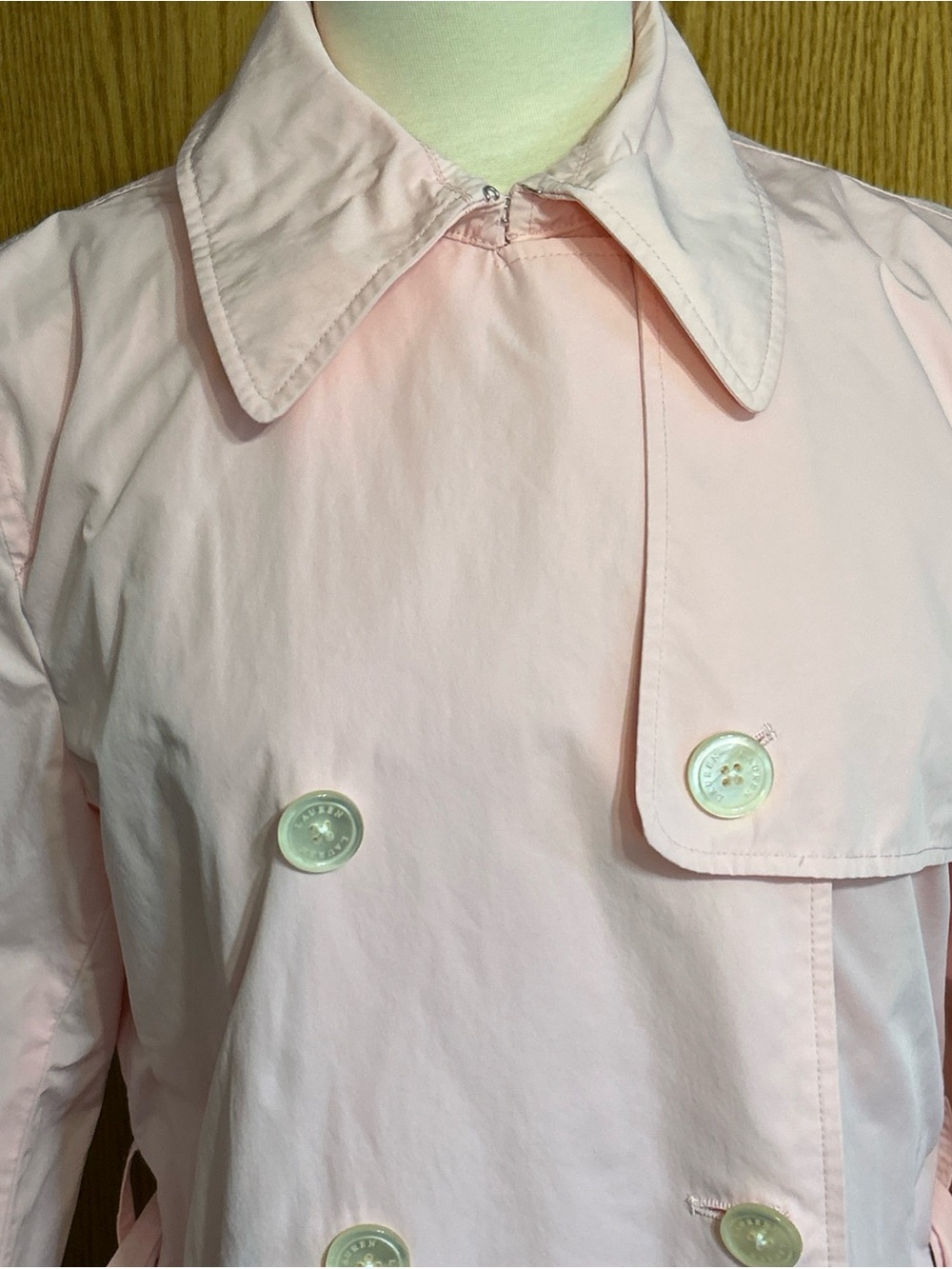 RLR Ralph Lauren Pink Trench Double Breasted Vented Belted Raincoat Large Flawed - Picture 4 of 14